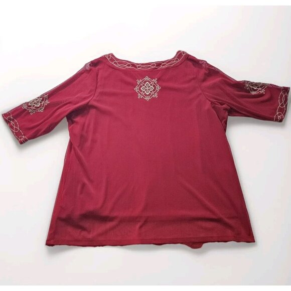 Lane Bryant Top 26/28 Burgundy Mandala Embroidery Lined Sheer SS Round Neck Boho - Picture 14 of 16